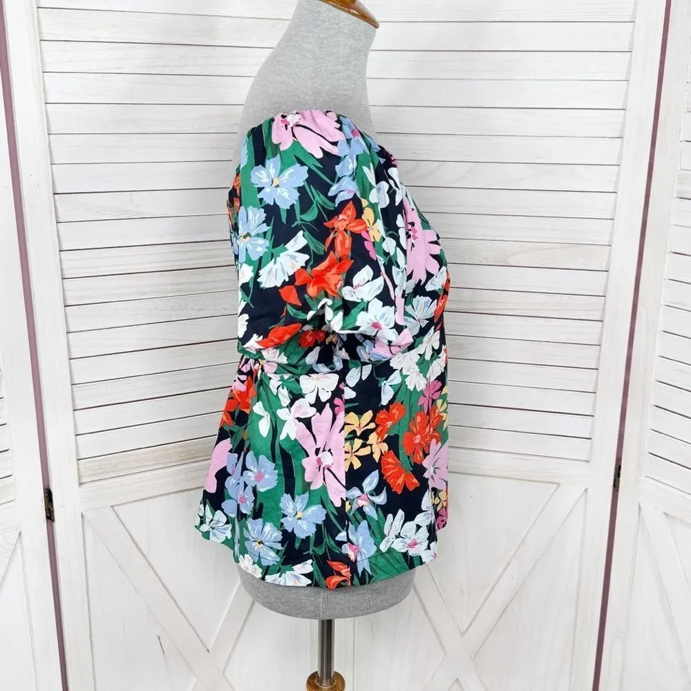 Old Navy Floral Puff Sleeve Peplum Flared Hem V‎ Neck Top Shirt Blue Multi Small